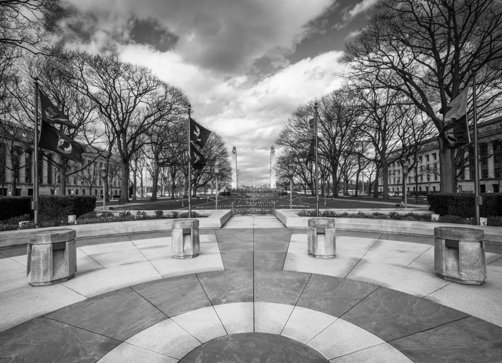 Flags at the Pennsylvania State Capitol Complex, in Harrisburg in black white