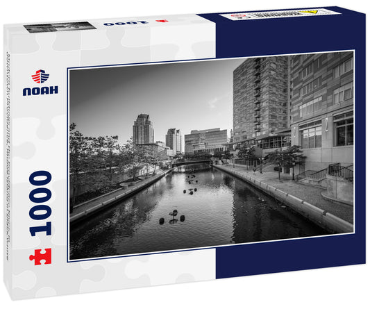 Modern buildings and the Providence River, in downtown Providence, Rhode Island in black white