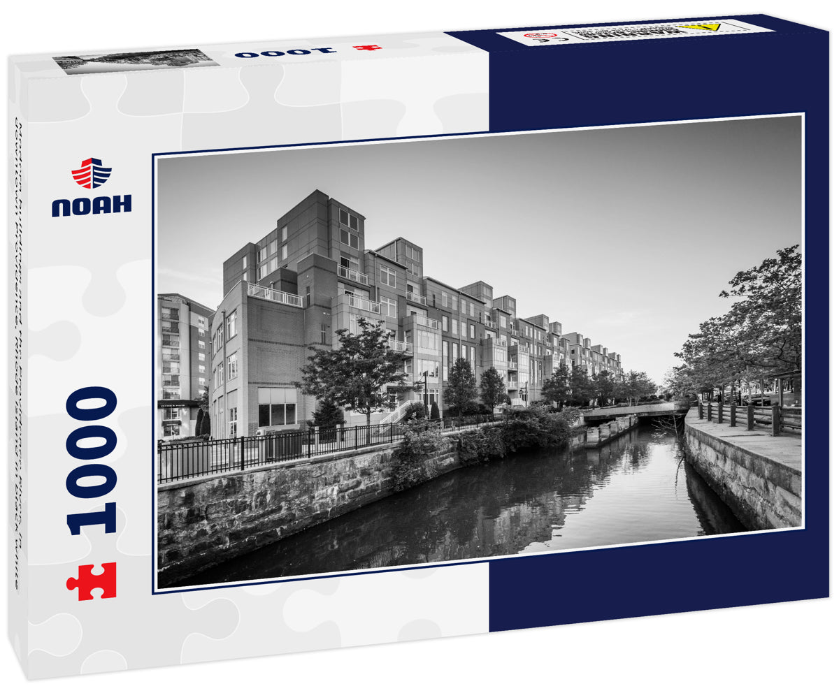 Modern buildings and the Providence River, in downtown Providence, Rhode Island in black white