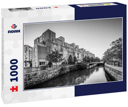 Modern buildings and the Providence River, in downtown Providence, Rhode Island in black white