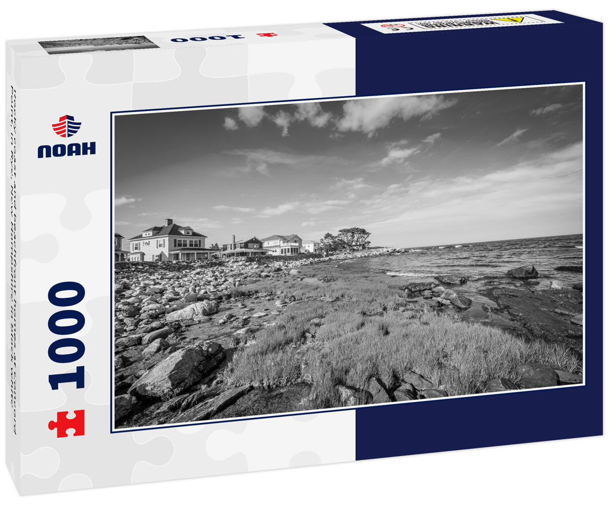Rocky coast and beachfront homes at Concord Point, in Rye, New Hampshire in black white