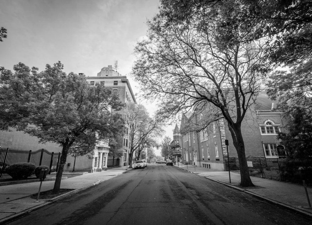 Sixth Street, in downtown Reading, Pennsylvania in black white
