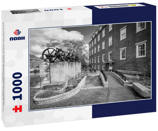 The Busiel Mill Building and Winnipesaukee River, in Laconia, New Hampshire in black white