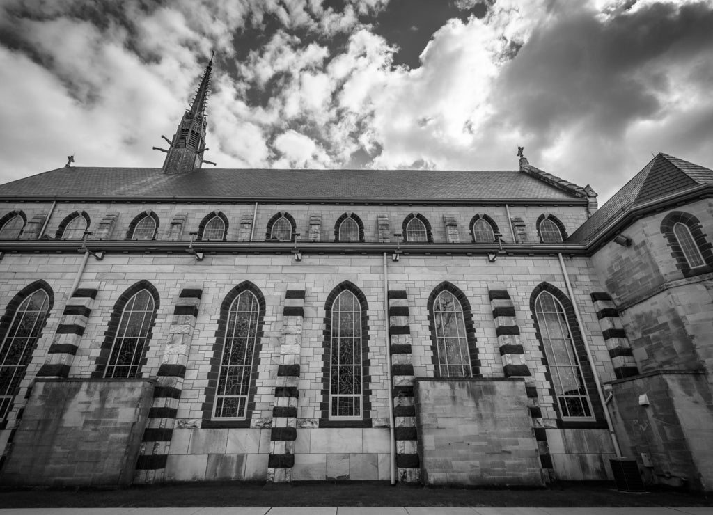 The Church of the Immaculate Conception, in Towson, Maryland in black white