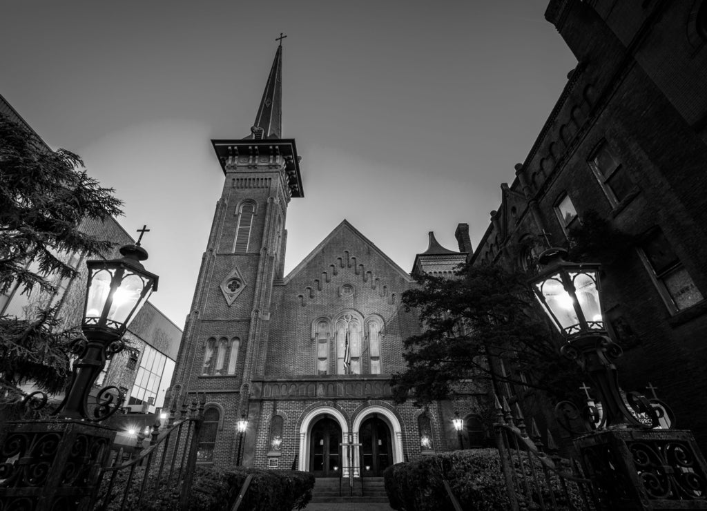 The Trinity United Church of Christ at twilight in York, Pennsylvania in black white