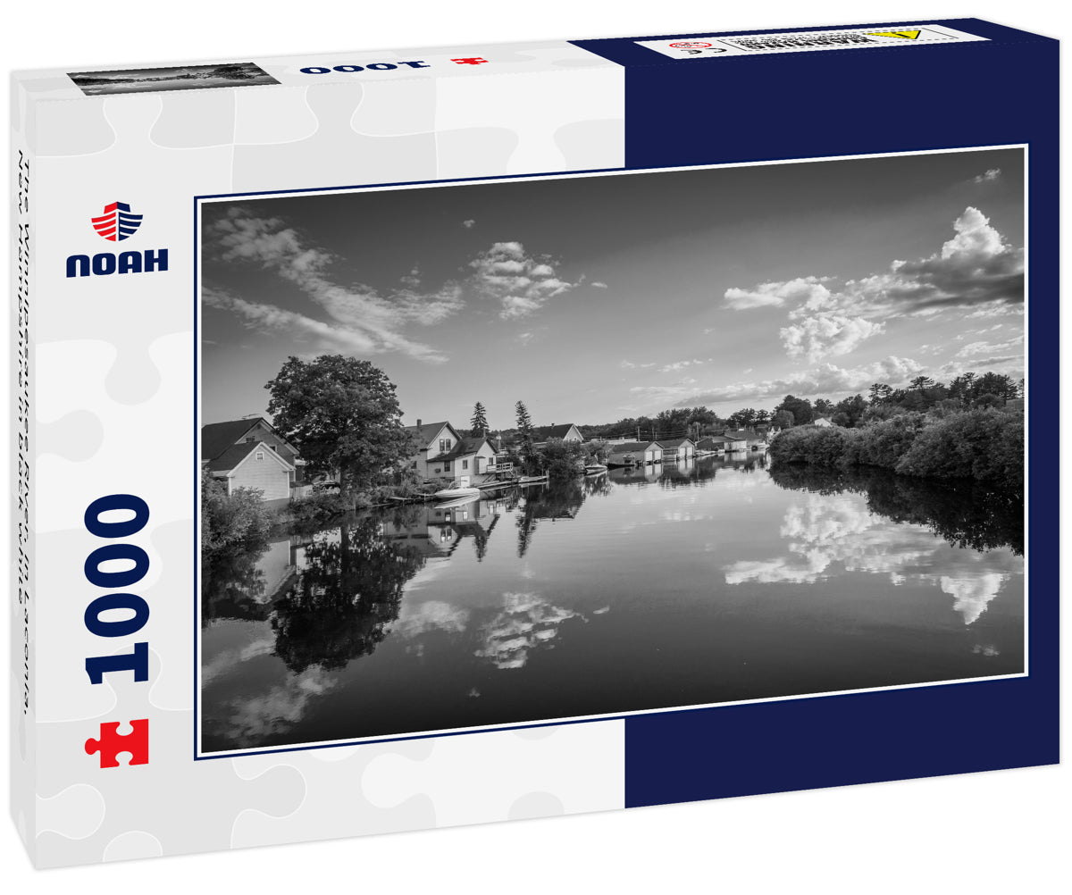 The Winnipesaukee River, in Laconia, New Hampshire in black white