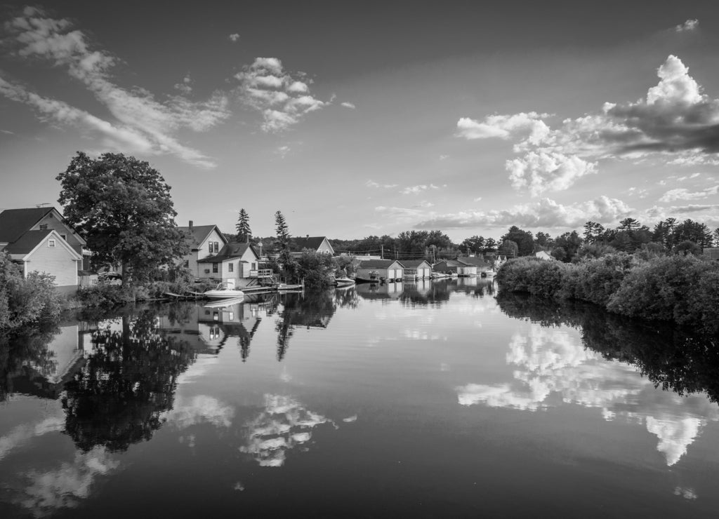 The Winnipesaukee River, in Laconia, New Hampshire in black white
