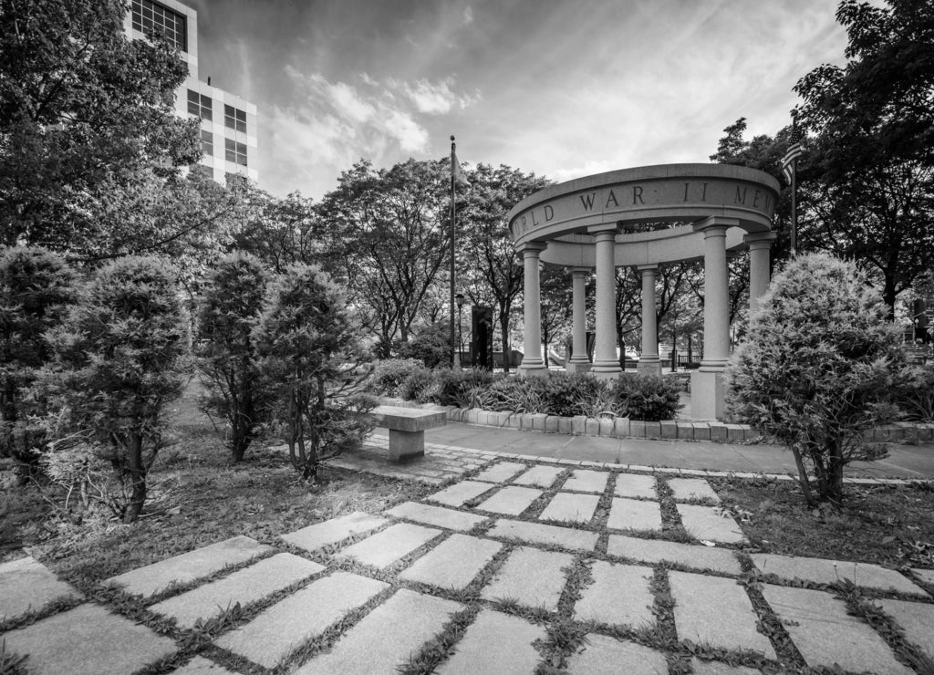 The World War II Memorial in Providence, Rhode Island in black white
