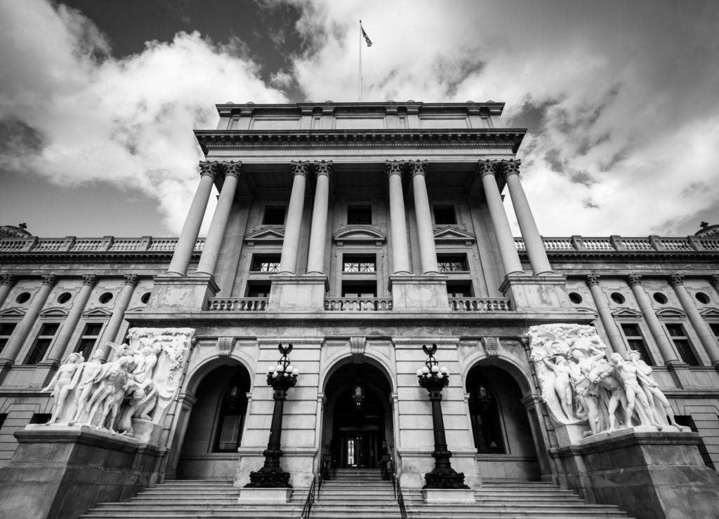 The exterior of the Pennsylvania State Capitol, Harrisburg in black white