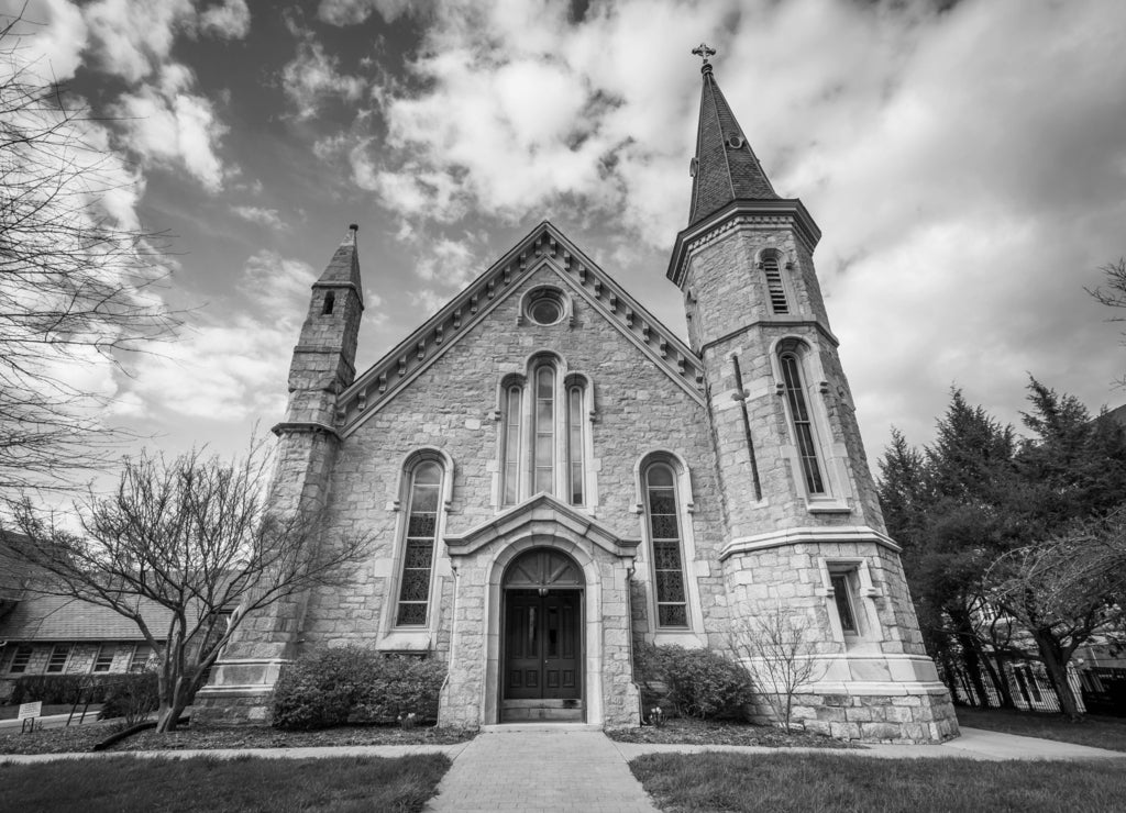 Trinity Episcopal Church, in Baltimore, Maryland in black white