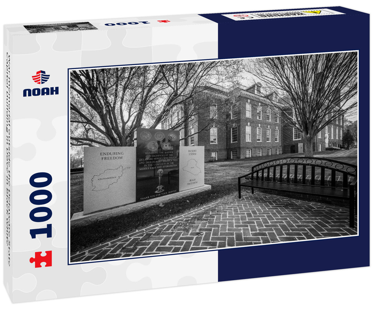 War memorial outside the Delaware State Capitol Building in Dove in black white