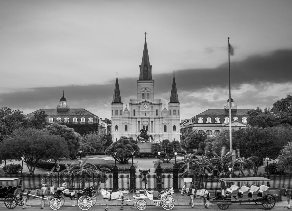 St. Louis Cathedral at Jackson Square, New Orleans, Louisiana in black white