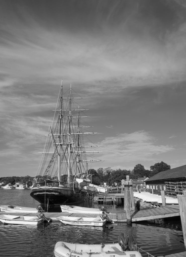 Historical Seaport in Mystic Connecticut in black white