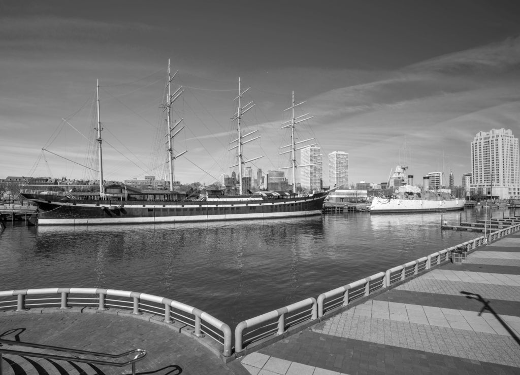 Penn Landing in Philadelphia, Pennsylvania in black white
