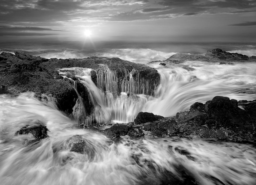 Water Spout Thors Well Oregon Coast in black white