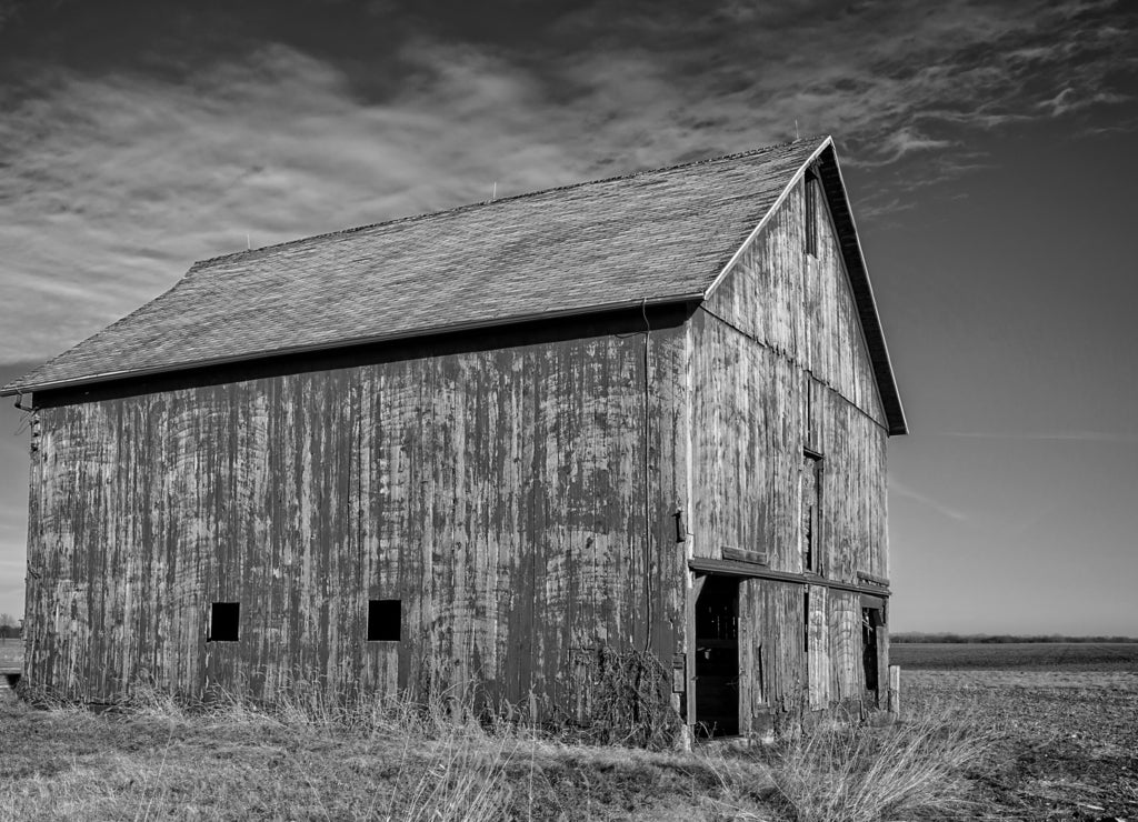Old barn in rural Christian County Illinois in black white