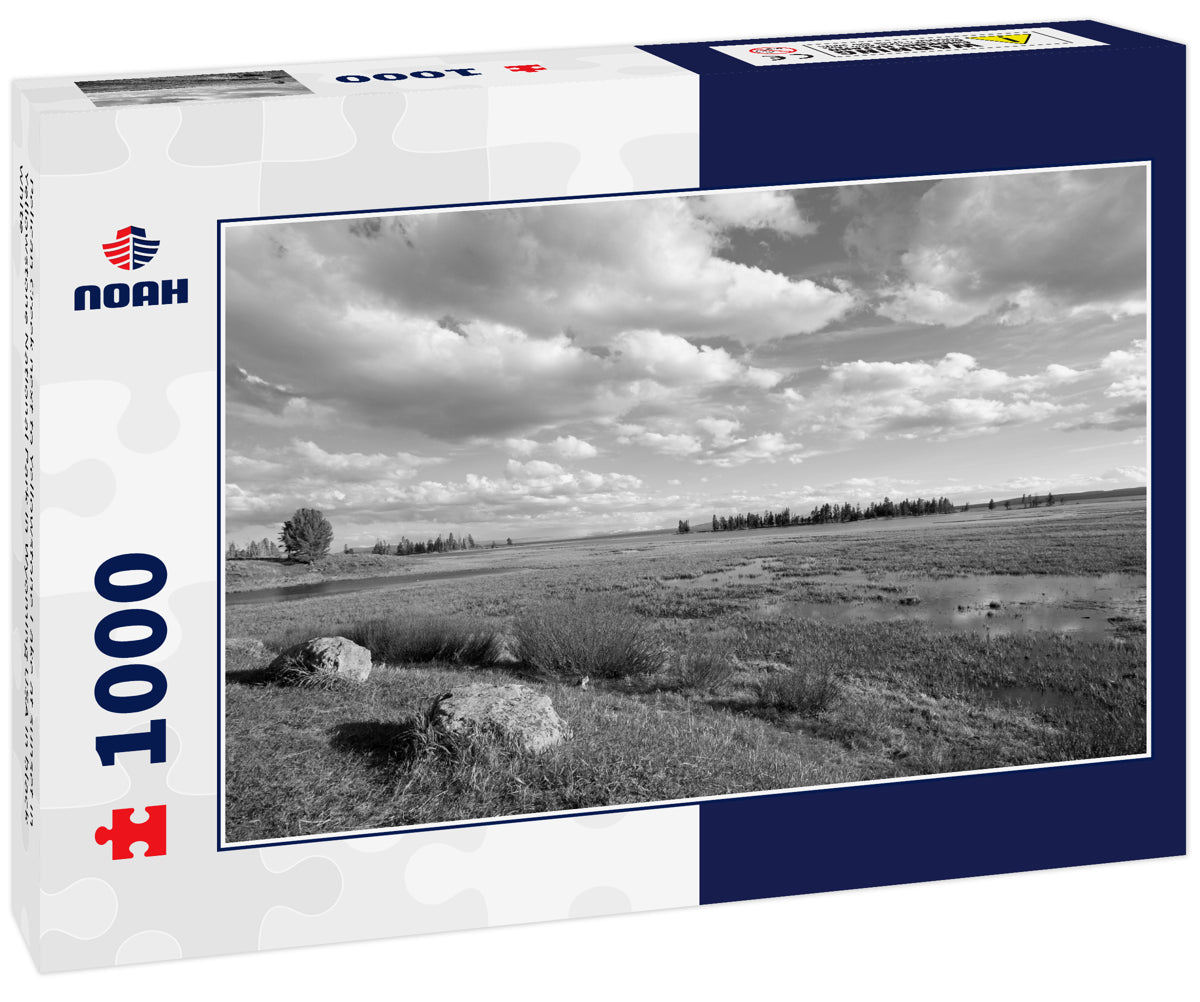 Pelican Creek next to Yellowstone Lake at sunset in Yellowstone National Park in Wyoming USA in black white