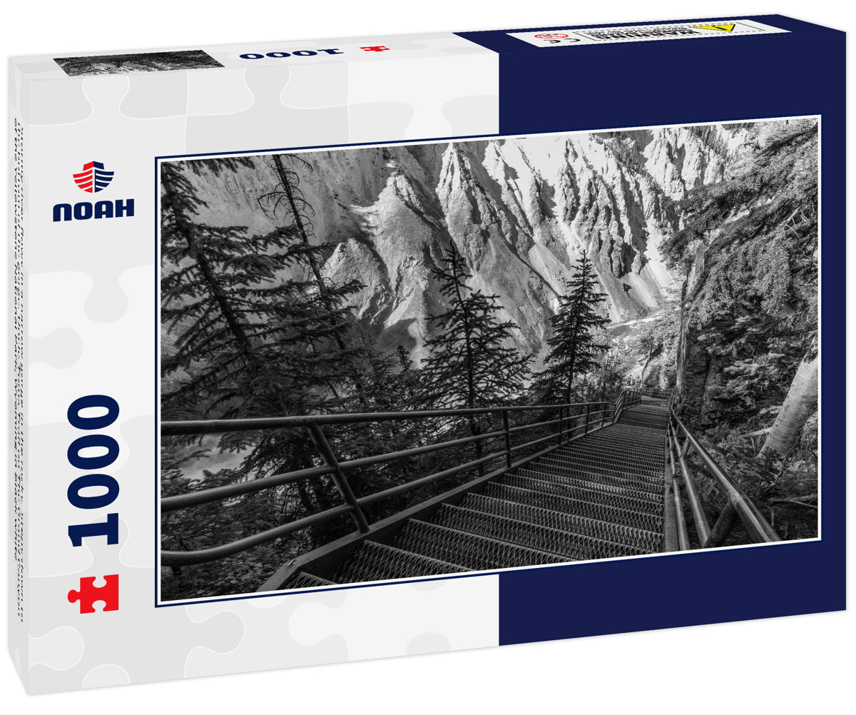 Stormy river flows in a narrow gorge in the rocks. Steps down to the bottom of the gorge. Uncle Toms Trail on The Grand Canyon of the Yellowstone National Park, Wyoming in black white