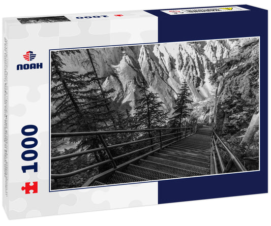 Stormy river flows in a narrow gorge in the rocks. Steps down to the bottom of the gorge. Uncle Toms Trail on The Grand Canyon of the Yellowstone National Park, Wyoming in black white