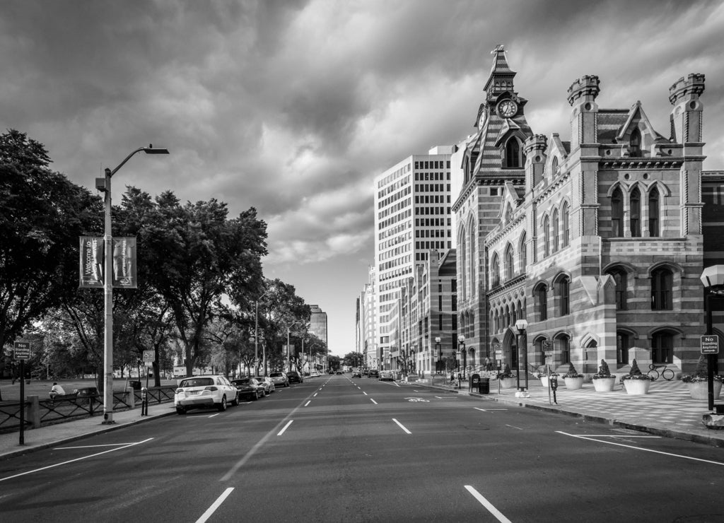 Church Street, in downtown New Haven, Connecticut in black white