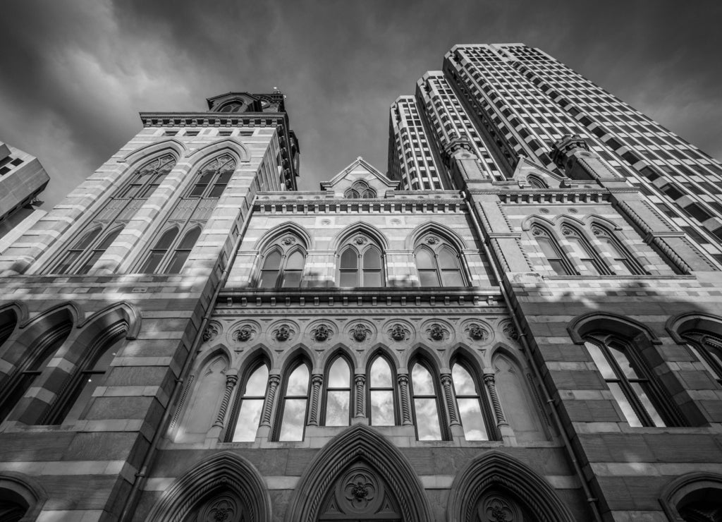 City Hall and the Connecticut Financial Center, in New Haven, Connecticut in black white