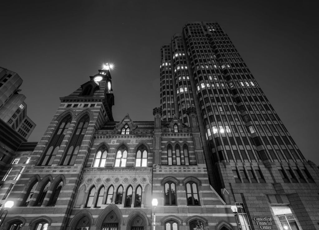 City Hall and the Connecticut Financial Center at night, in down, Connecticut in black white