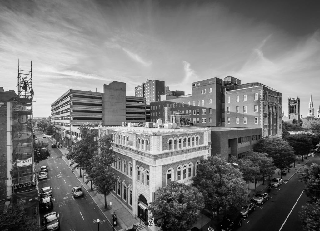 View of buildings in downtown New Haven, Connecticut in black white