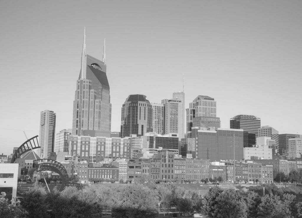 Downtown Nashville cityscape in the morning, Tennessee in black white