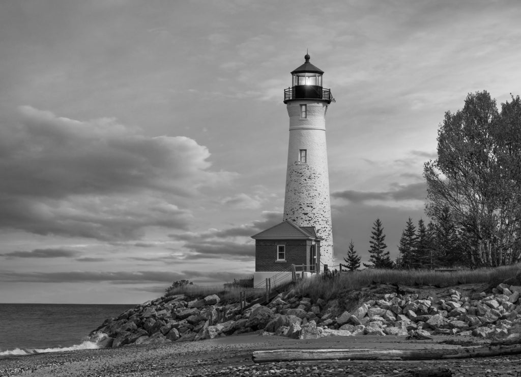 Sunset at the Crisp Point Lighthouse, Lake Superior, Michigan in black white