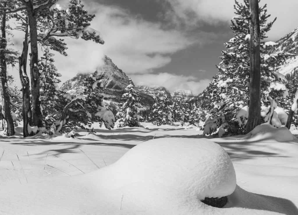 Glacier Park in winter, Montana in black white