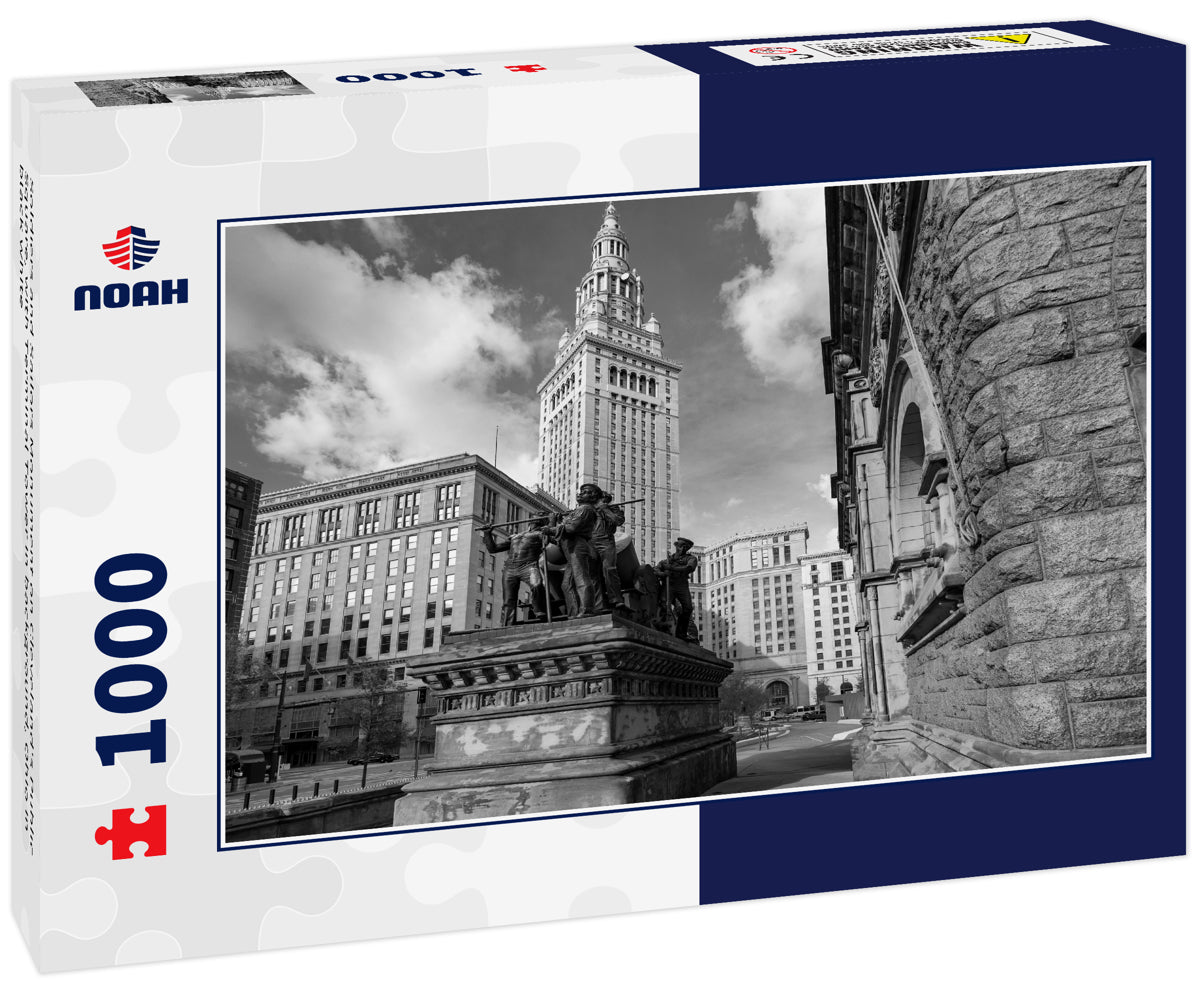 Soldiers and Sailors Monument on Cleveland's Public Square, with Terminal Tower in background, Ohio in black white