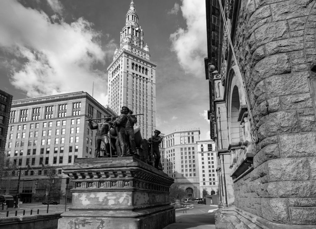 Soldiers and Sailors Monument on Cleveland's Public Square, with Terminal Tower in background, Ohio in black white