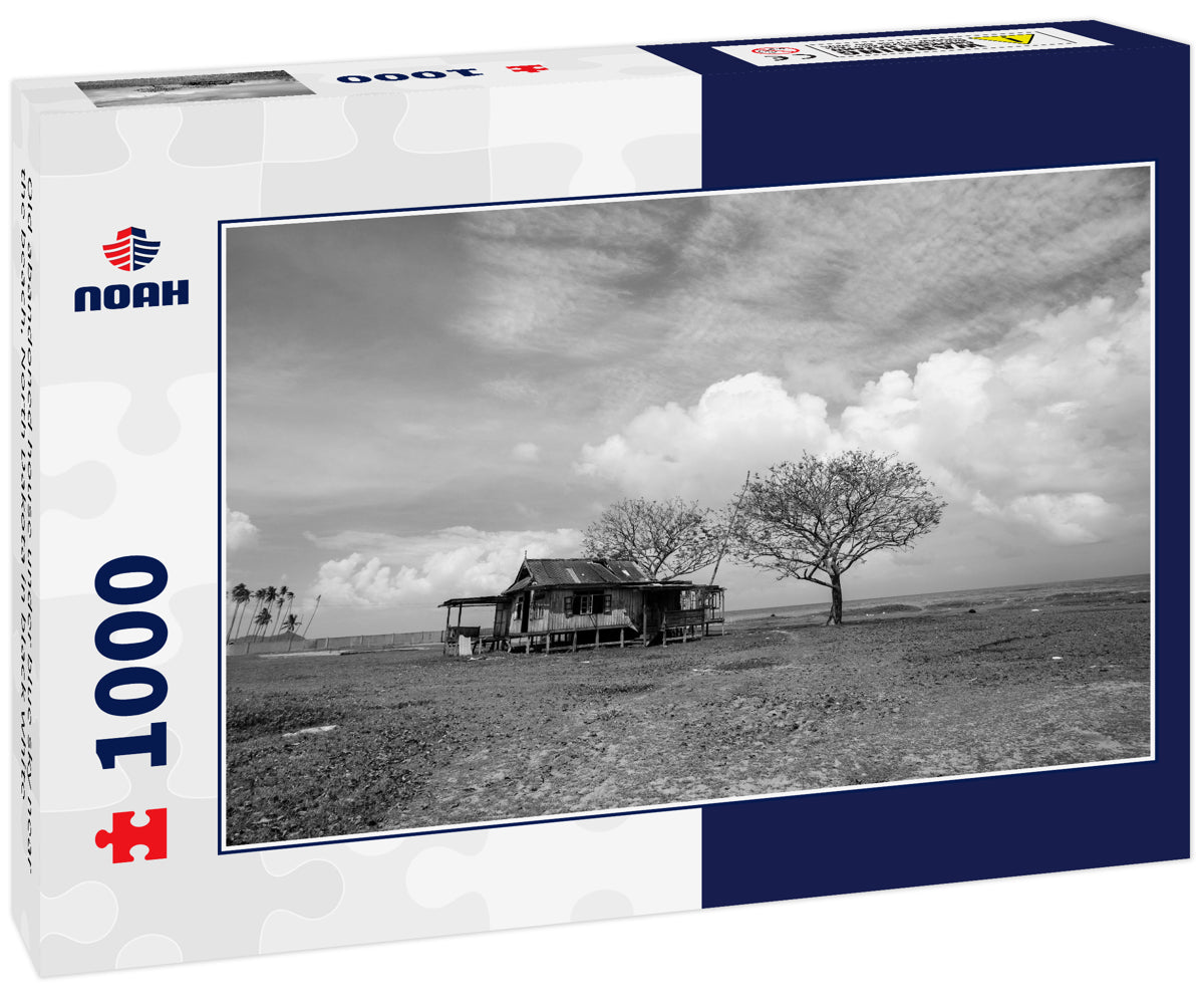 Old abandoned house under blue sky near the beach, North Dakota in black white