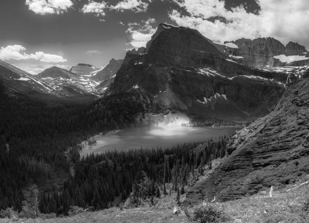 Grinnell Lake, Glacier National Park Montana in black white