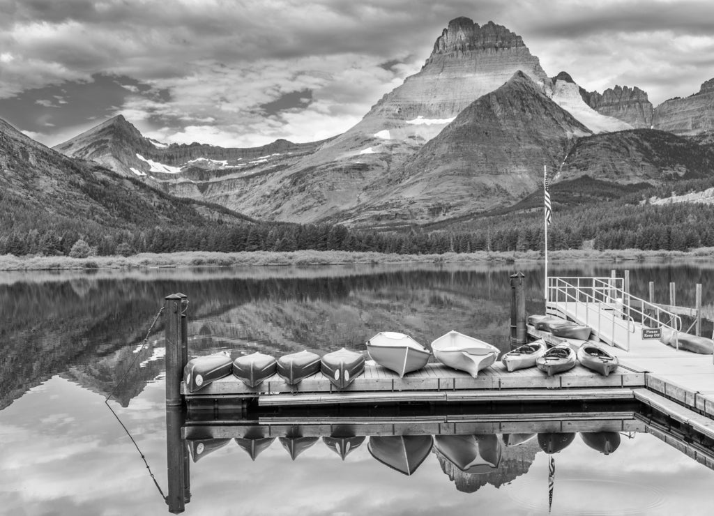 Swiftcurrent Lake, Glacier National Park, Montana in black white
