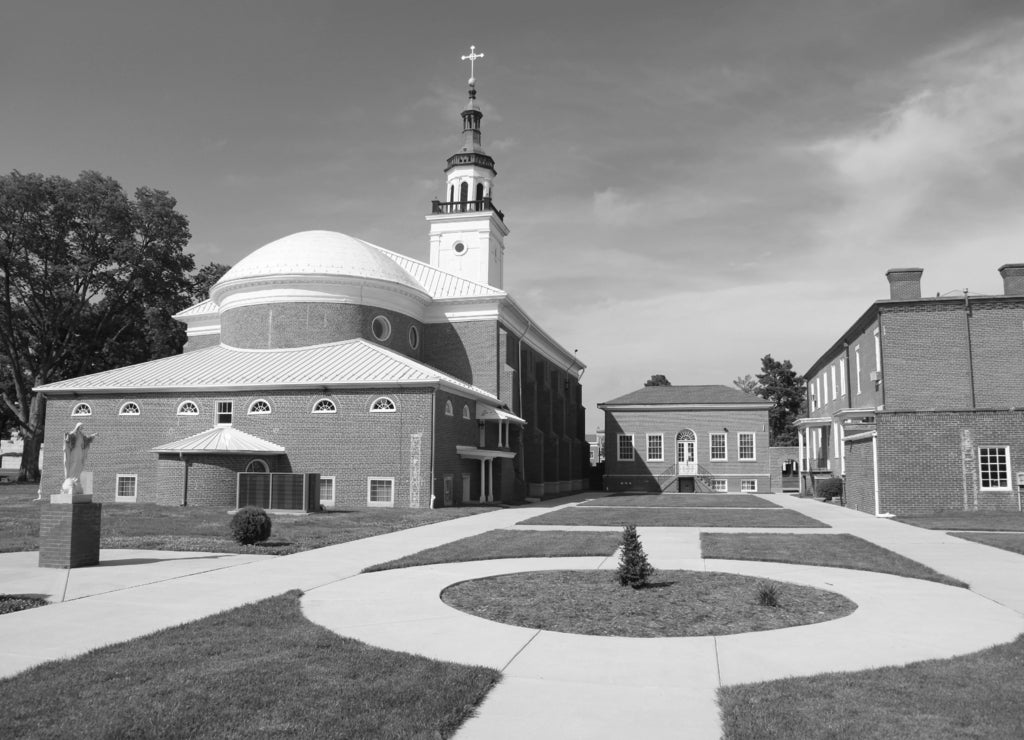 Hystoric church in George Rogers Clark national historic park in Vincennes Indiana in black white