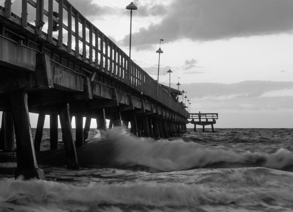 Pompano Beach Pier Broward County Florida by sunrise in black white