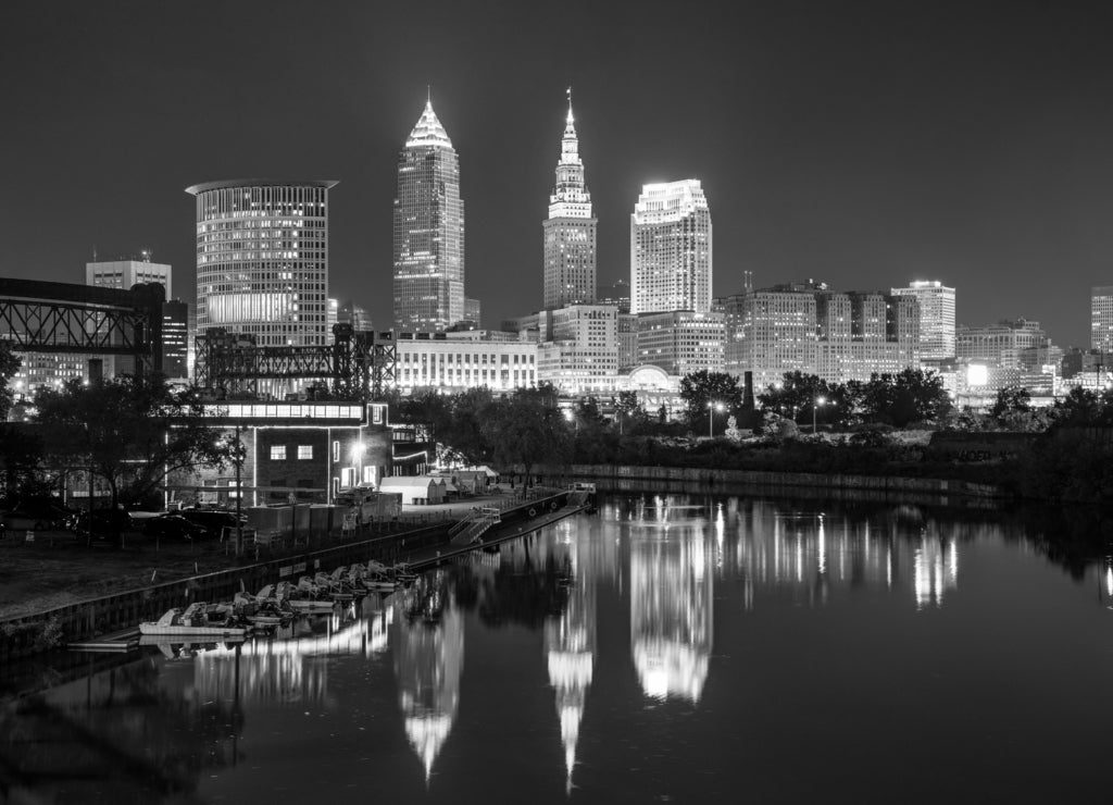 Cleveland Ohio Night Skyline in black white