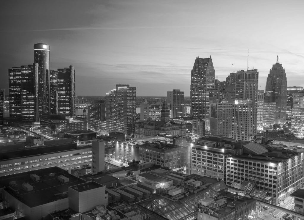 Michigan, Downtown Detroit at twilight in black white