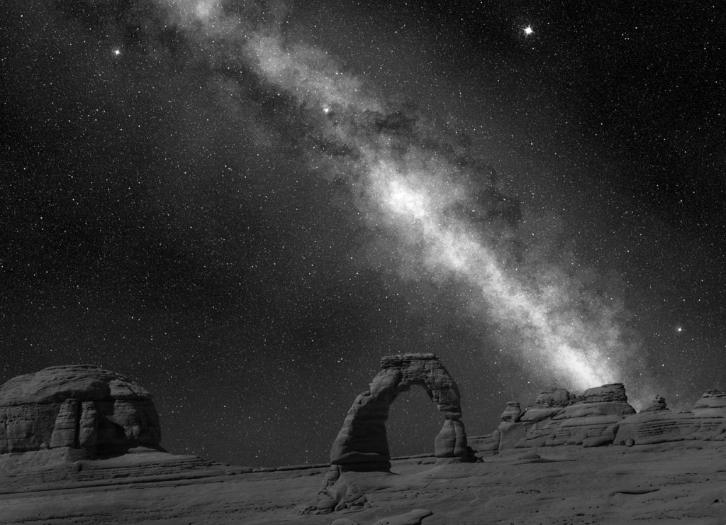 milky way in arches national park, utah in black white