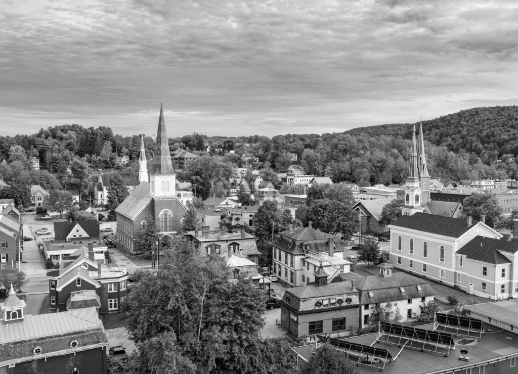 Montpelier, Vermont, USA town Skyline in black white