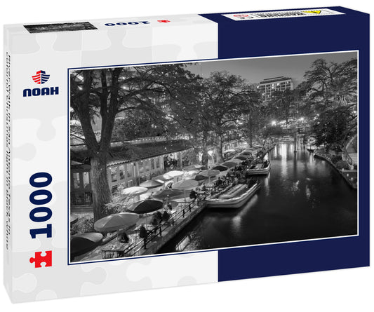 River Walk in San Antonio Texas in colorful Christmas light in black white