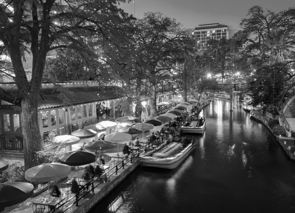 River Walk in San Antonio Texas in colorful Christmas light in black white