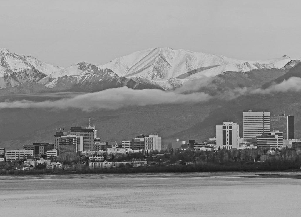 Anchorage Alaska Skyline in black white