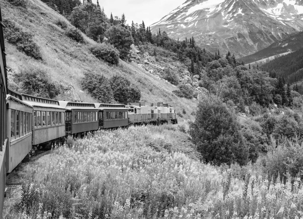 Skagway, Alaska. The scenic White Pass & Yukon Route Railroad. in black white
