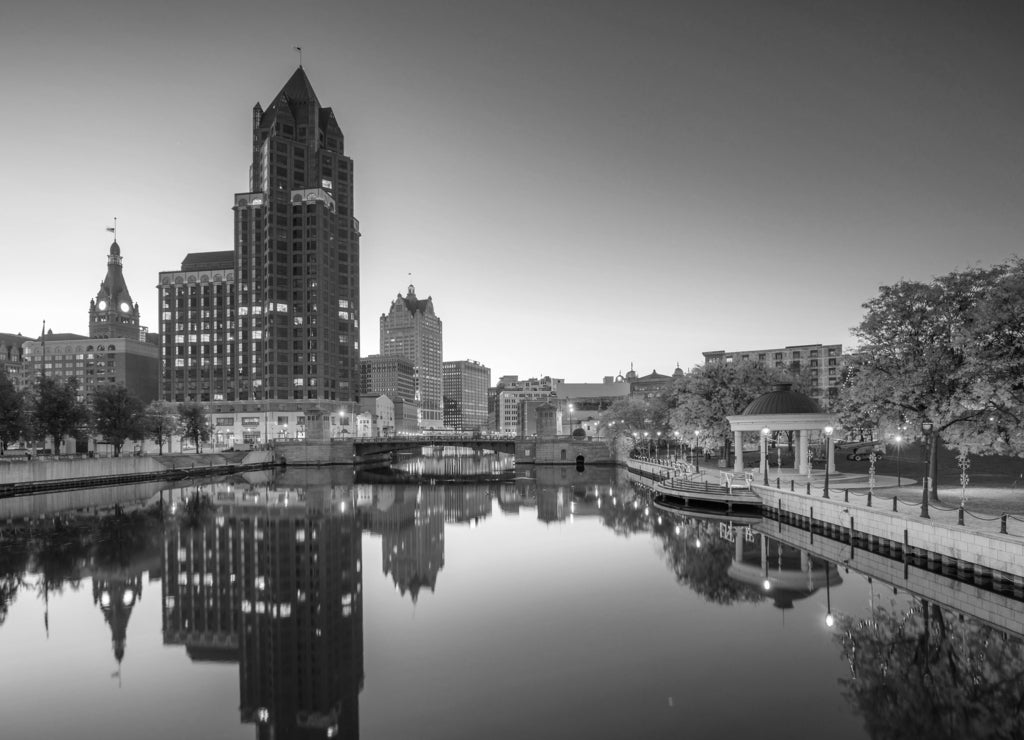 Downtown Milwaukee skyline in Wisconsin, USA in black white