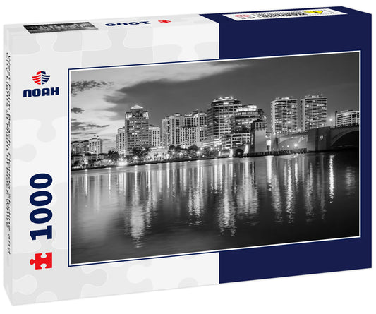 West Palm Beach, Florida Skyline and City Lights at Night in black white