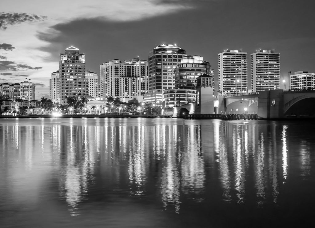 West Palm Beach, Florida Skyline and City Lights at Night in black white