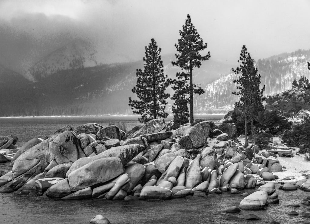 Lake Tahoe, Nevada: Lakeside views on the North Shore of Lake Tahoe, near Sand Harbor, and Incline Village in black white