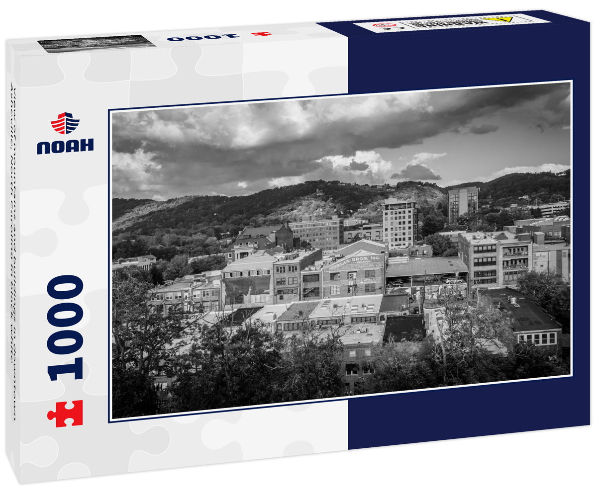 View of mountains and buildings in downtown Asheville, North Carolina in black white